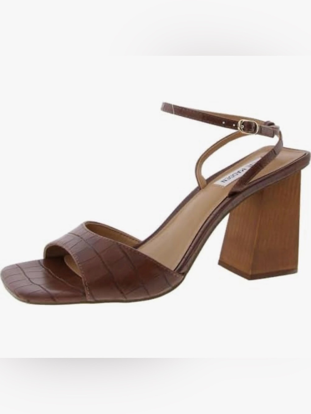 Steve Madden Brown Croc-Embossed Block Heel Sandals with Ankle Strap